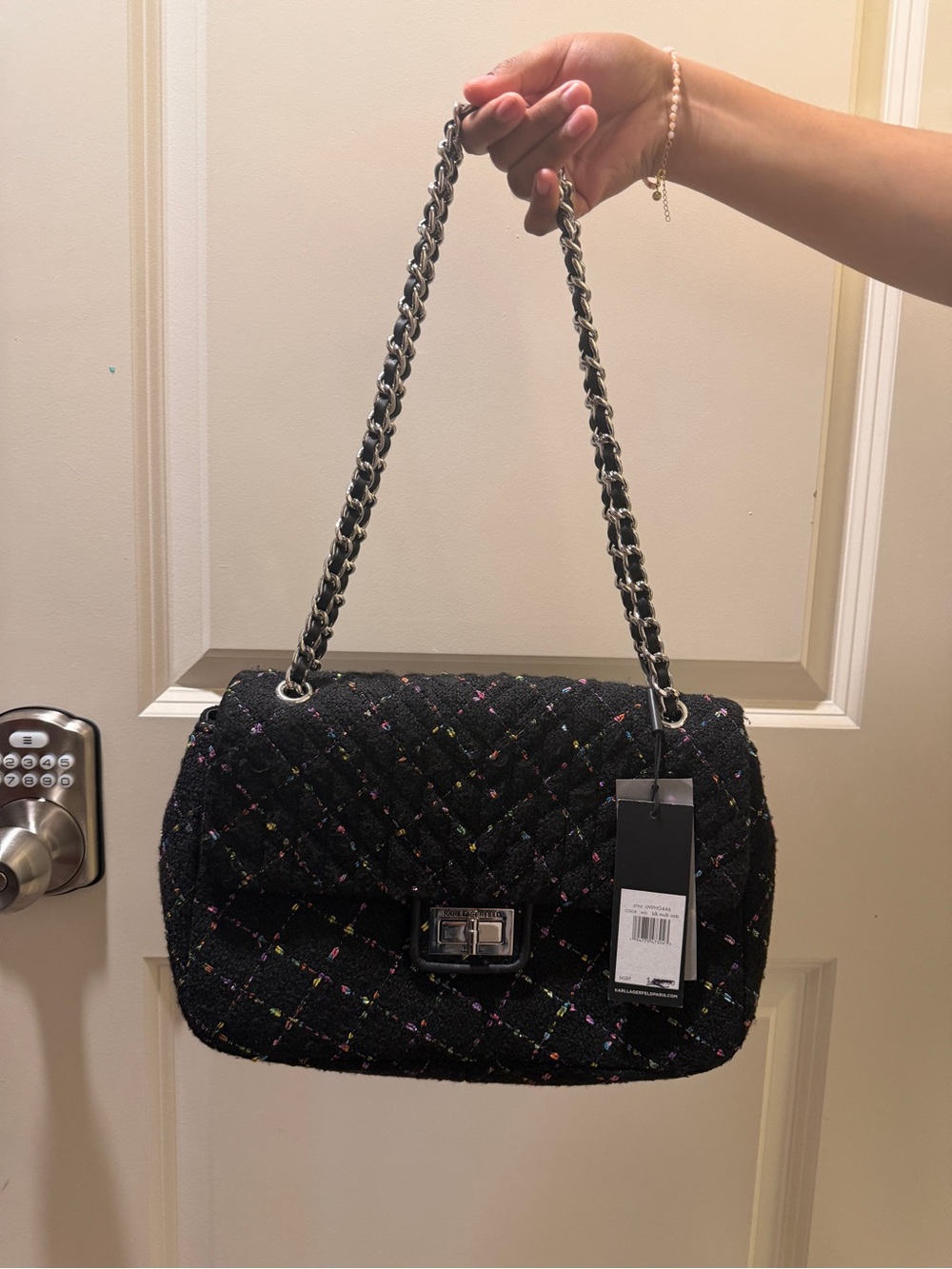 Karl Lagerfeld Black Quilted Shoulder Bag with Multicolor Flecks